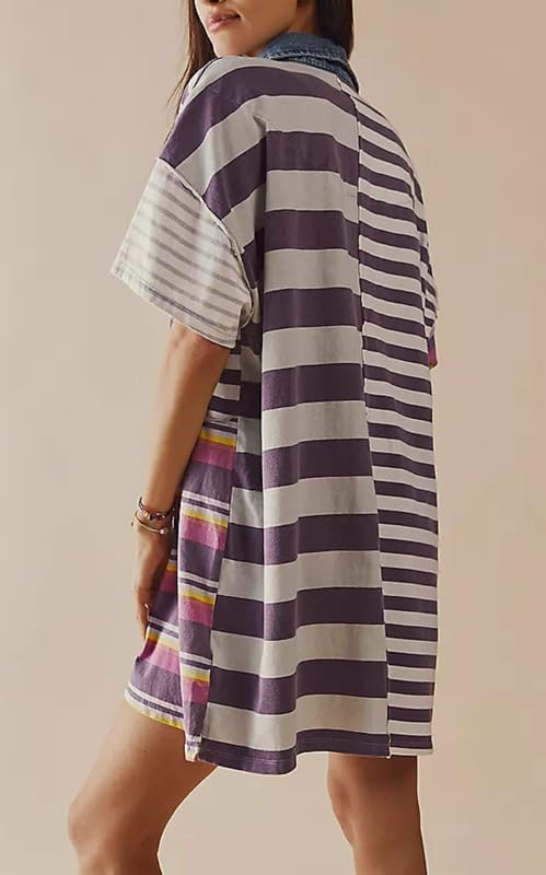 Image of NUFIWI Y2K Striped Shirt Mini Dress for Women Oversized Stripe Tunic Tshirt Dresses Short Sleeve Buttons Loose Fit Tee Dress
