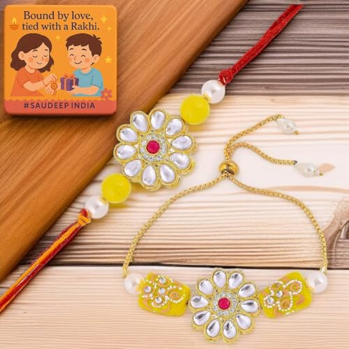 Image of Saudeep India Fridge Magnet with Rakhi Combo Gift Set of Lumba Couple Rakhi for Bhaiya Bhabhi | Travel Souvenir | Refrigerator Magnet(Yellow Stone)