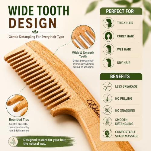 Image of Neem Wooden Comb Set | Dual Tooth Hair Comb, Handle Comb & Beard Comb Combo for Women & Men | Wooden Detangling & Grooming Comb Set | Smooth Rounded Teeth | Pack of 3