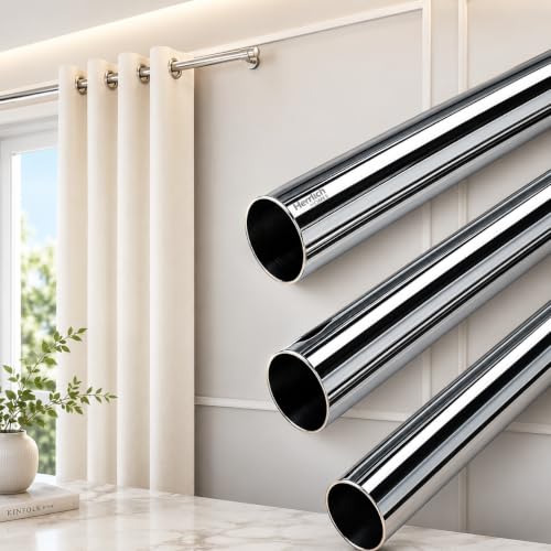Image of Herrlich Homes Stainless Steel Curtain Rod | Silver & Chrome Finish | Anti-Rust | Sturdy & Durable | Multipurpose | SS Pipes for Door, Window, Shower, Home and Office | 72 Inches | 6 feet, 3 Pipes