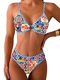 Fanuerg Triangel-Bikini-Set für Damen, O-Ring, zweiteiliger Badeanzug, Blumendruck, frecher Badeanzug, Retro-Blumenmuster, XS