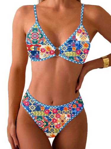 Image of Fanuerg Women's Triangle Bikini Sets O Ring Linked Two Piece Swimsuits Floral Printed Cheeky Bathing Suit