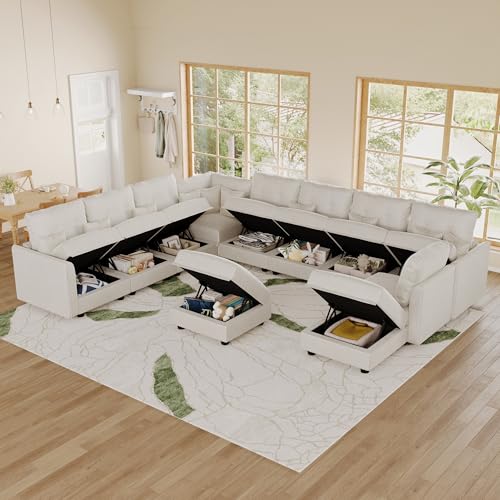 Image of LLappuil 11-Seat Modular Sectional Sofa with Storage, Oversized V-Shaped Corduroy Couch with 10 Throw Pillows, Pet-Friendly Convertible Pit Sofa for Large Living Room, Skin-Friendly, Beige