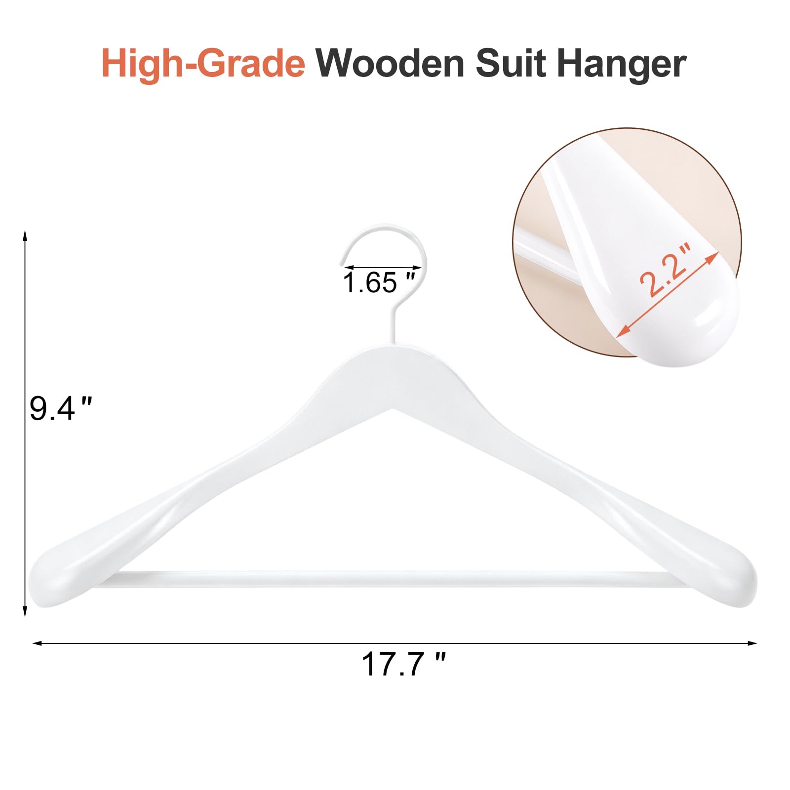 TOPIA HANGER CT02W Kleiderbügel aus Holz, glänzend, mit extra breiten Schultern, dickere, weiße Haken und Anti-Rutsch-Stange, geeignet für Mantel, Anzug, Kleid, Jacke, schweres Tuch, 6 Stück