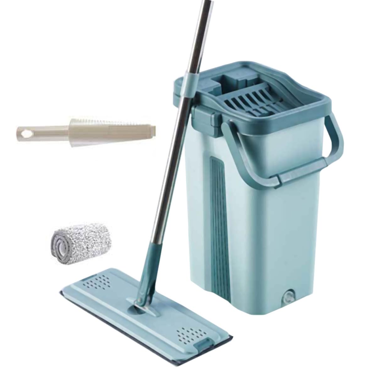 Trapeador sin Lavado de Microfibra Verde para Limpieza Rápida | Goma, Plástico y Acero Inoxidable, Uso Doméstico, Limpieza Profunda, Mango Asa de Transporte, para Mamá