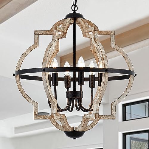 TACDANDM Farmhouse Chandelier for Dining Room Vintage Rustic Oak Distressed White 23'' 6-Light Wood...