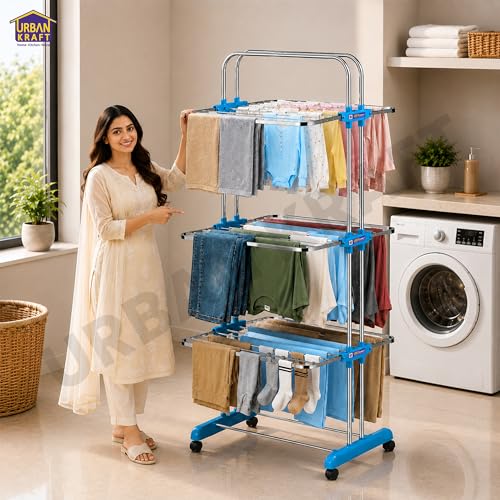 Image of URBAN KRAFT 3 Tier Stainless Steel Premium Cloth Drying Stand | Foldable Clothes Rack for Drying | Heavy Duty Clothes Dryer Stand | Laundry Racks for Drying - Indoor, Balcony & Garden
