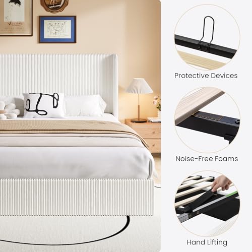 Image of SHA CERLIN King Lift Up Storage Bed Frame, Upholstered Corduroy, White