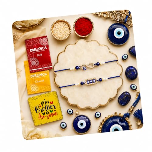 Image of Dreamica Set of 2 Designer Rakhi for Brother | Combo with 'My Brother Is Awesome' Fridge Magnet, Tilak Set (Roli-Chawal), and Greeting Card | Best Rakhi Gift For Brother (Rakhi-92)