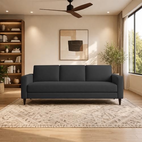 Image of Carlos 3 Seater Sofa Set for Living Room & Home Office, Modern Furniture Fabric Sofa Couch with Comfortable Soft Cushioning, Durable Wooden Frame, Stylish Seating for Home (Black)
