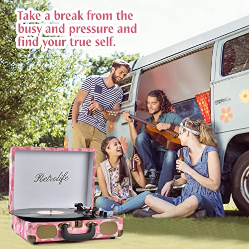 Image of Vinyl Record Player 3-Speed Bluetooth Portable Suitcase Belt-Driven Record Player with Built-in Speakers RCA Line Out AUX in Headphone Jack Vintage Turntable Pink