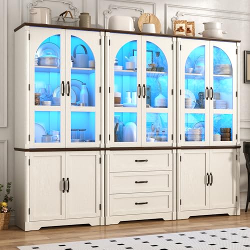 Image of 75 inch Tall Farmhouse Pantry Cabinet with LED Lights,6 Doors Wood Storage Cabinet w Arched Glass Doors /Drawers,Pantry Organizers and Storage,Rustic Wood Cupboard for Kitchen,Dining Room(White)
