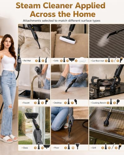 Image of GEVOLCM Steam Cleaner, 3 Level Adjustable Handle with 18 Accessories, White