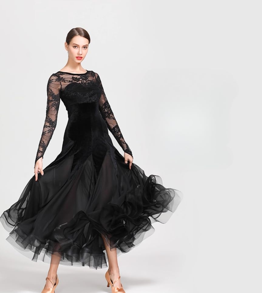 Elegancka damska aksamitna sukienka do tańca towarzyskiego z koronkowymi rękawami, nowoczesne sukienki do walca i tanga, długie spódnice typu swing, suknia balowa (czarna, mała)
