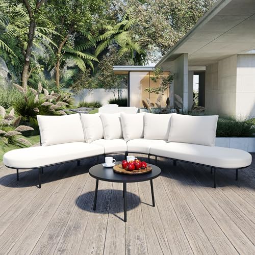 Merax 6-Seat Patio Outdoor Sectional Furniture Set, Half- Moon Curved L-Shaped Sofa with Iron Frame & Waterproof Coushions, 1 Round Coffee Table for Garden, Lawn, Backyard, Poolside, Beige