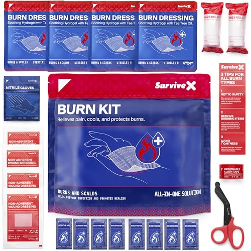 SurviveX Burn Dressing Kit with Tea Tree Oil - Hydrogel Burn Pads Cooling Gels Non-Adhesive Dressings & Gauze - Complete First Aid Accessory for Instant Cooling Soothing & Burn Relief