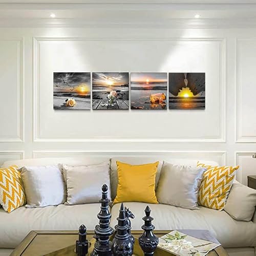 Yxbhhym-Wall Art Bedroom Rose Picture Black And White Beach Wall Décor Gold Sea Sunrise Canvas Print Ocean Poster Seascape Painting Romantic Couples Artwork Bathroom Wall Art For Living Room Décor #TOP1