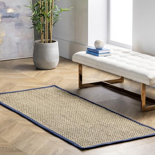 Nuloom Elijah Navy/Natural, 2'6" x 6', Basketweave, Seagrass, Soft and Textured, High Traffic, Stain Resistant, Easy Clean, Durable Area Rug for Bedroom, Living Room, Dining, Den, Foyer, Entryway