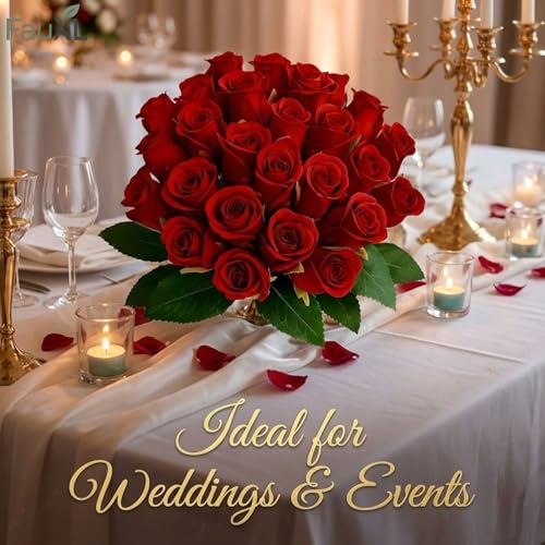 Image of Set of 24 Artificial Rose Flowers Bunches for Vase - Home Decoration Gift Items for Living Room Corner Table Top Bedroom Wedding (Pot Not Included) - 24 CM (Red)