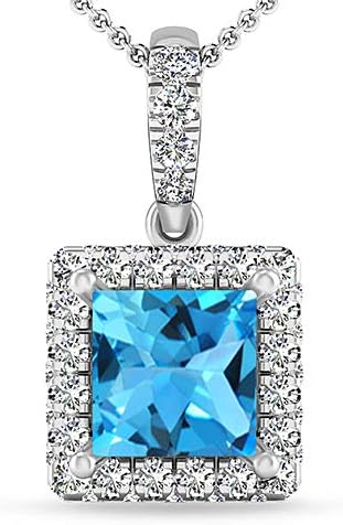 Inspereza Princess cut Blue Topaz and White Diamond Halo Pendant in 18kt White gold(5.50 MM Blue Topaz)