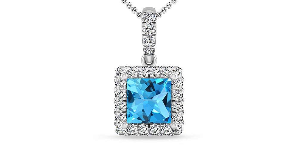 Inspereza Princess cut Blue Topaz and White Diamond Halo Pendant in 18kt White gold(5.50 MM Blue Topaz)