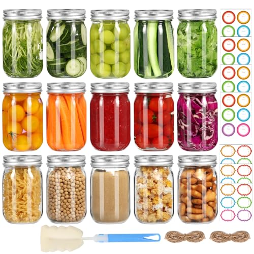 Mcupper Glass Mason Jars 16 oz with Airtight Lids and Bands - 15 Pack Regular Mouth Pint Canning Jars for Pickling, Meal Prep, Overnight Oats, Dry Food & DIY Crafts - Includes 24 Stickers & Brush