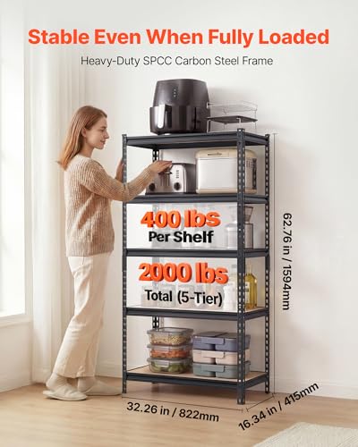 Image of VEVOR Storage Shelves, 5-Tier Adjustable, 2000 lbs Capacity, Heavy Duty Garage Storage Shelving Unit, Metal Utility Rack Shelf, for Kitchen Pantry Basement Bathroom, 32.36 inch W x 16.34 inch D x 62.76 inch H