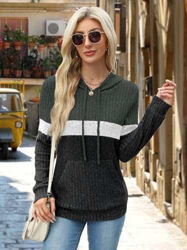 MixShe Women’s Color Block Knit Hoodie – Casual Long Sleeve Pullover Sweater Tops with Pocket