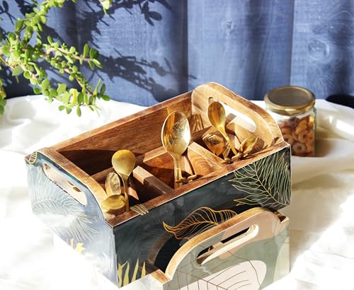 Image of Monstera Hut Leafy Gleam Mangowood Cutlery Holder | Wooden Cutlery Stand |Cutlery Spoon Stand For Dining Table Chammach Stand|Multipurpose Cutlery Holder |Size23x17x10 cm