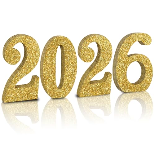 TONIFUL 4 Inch 2026 Gold Glitter Table Centerpiece Sign 2026 Number Word Sign 2026 Wooden Numbers Block for New Year Eve Graduation Chrismas Anniversary Party Supplies