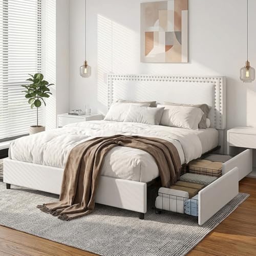 Image of VECELO Queen Size Upholstered Bed Frame with 4 Storage Drawers, Adjustable Velvet Rivet Decor Headboard, Wooden Slats Platform Support, No Box Spring Needed, Easy Assembly,White