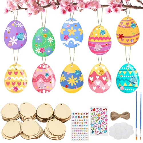 Juego de 69 piezas de huevos de Pascua de madera para pintar, decoración de Pascua, 60 discos ovalados de madera con agujero, cuerda de cáñamo y estrás, huevos autoadhesivos para Pascua, decoración de