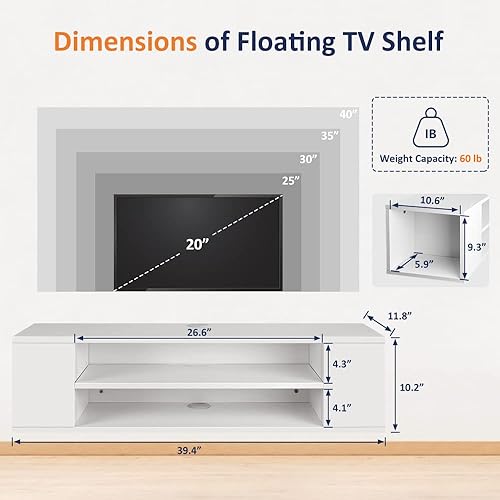 Miniatura 6 de Soporte flotante para TV, consola multimedia, centro de entretenimiento flotante debajo del estante de TV con almacenamiento para el hogar, color