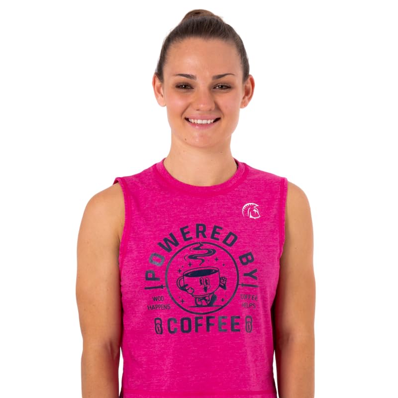 Camiseta sin Mangas Mujer Ecoactive WOD Tank Powered by Coffee Pink/Navy, Camiseta Deportiva Crop, Tejido Ecoactive, Back Loop, Costuras Planas, para Correr o Cross-Training