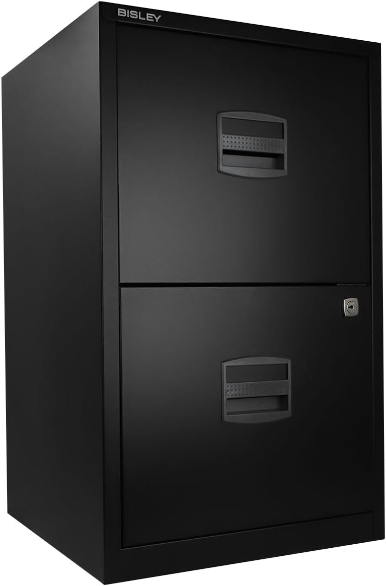 Bisley 3-Drawer Home File Cabinet - Doulton Blue, 2 Utility Drawers + 1 Hanging File Drawer, Powder-Coated Steel, Sturdy Pull Handles, Locking Bottom Drawer