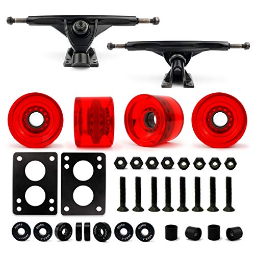 Longboard Skateboard Paket, 17,8 cm Aluminium-Trucks (Silber), 70 mm Longboard Rad, Skateboard Kugellager, Skateboard Pads 6 mm, Skateboard Hardware 1,5 Zoll, Gel red Cover