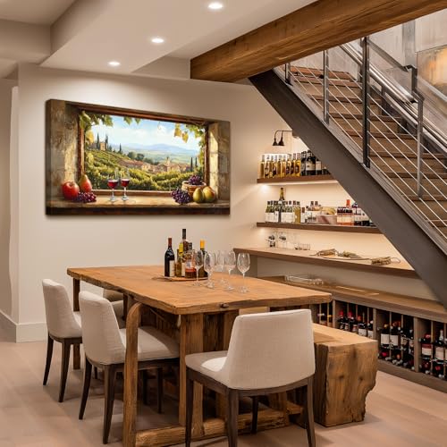 crmotu Window View Extra Large Wall Art, Italian Vineyard Landscape Canvas Prints, Grape Farms Beyond the Vintage Windowsill, Rustic Kitchen Dining Room Pictures Wall Decor for Wine Lovers 30x60 Inch