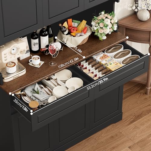 Image of FACBOTALL 74 inch Pantry Cabinet, Tall Kitchen Pantry Cabinet with 6 Doors and 2 Drawers, Kitchen Hutch with Wide Countertop, Modern Kitchens Cupboard with Adjustable Shelves and Charge Holes, Black