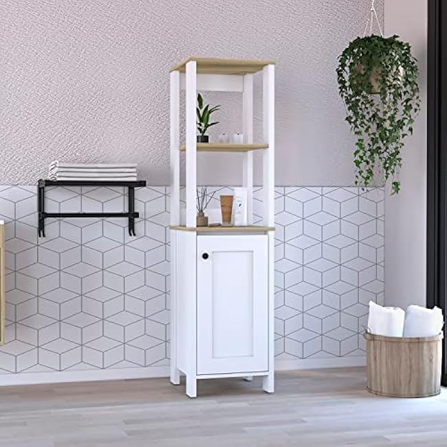 espidoo Modern Linen Storage Cabinet: 2 Open & 2 Interior Shelves - Engineered Wood Bathroom Organizer for Towels & Toiletries - Freestanding Multicolor Cabinet