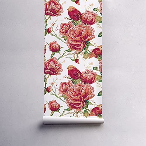 Papier peint fleurs d'oiseaux rouges pour chambre romantique - 5