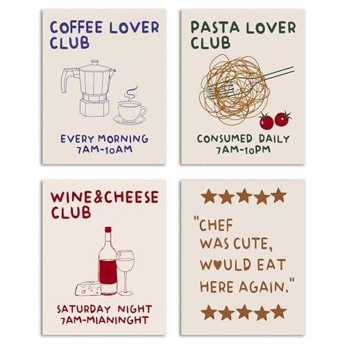 DEQSX Trendy Coffee Bar Wall Art Prints Set of 4, Kitchen Decor Aesthetic, Coffee Lover Club Breakfast Posters Minimalist Bread Canvas Wall Decor for Home Kitchen Dining Room, 8x10 Unframed