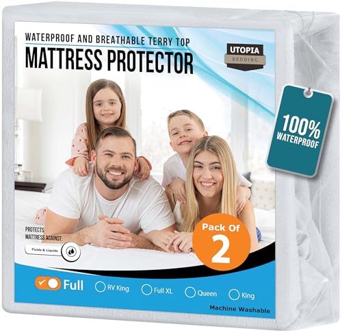 Utopia Bedding Waterproof Mattress Protector Full Size 2 Pack, 200 GSM Breathable Terry Mattress Cover, Fitted Style with Stretchable Pockets (White)