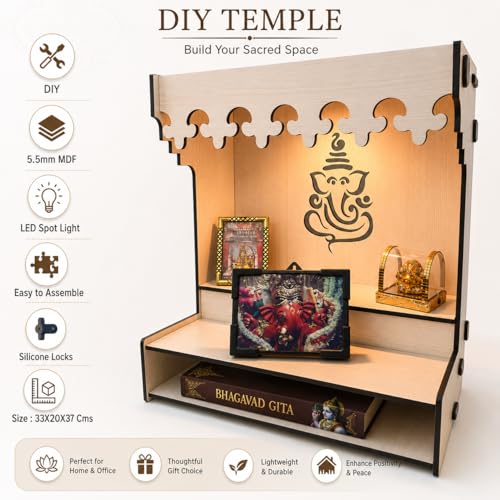 Image of Zesta Wooden Mandir for Home Big Size | DIY Pooja Mandir with LED Spot Light | Devghar Cabinet for Living Room or Office | Wall Mounted Pooja Unit for Home (White)