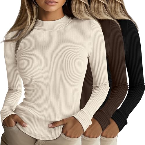 Riyiper 3 Pack Women's Ribbed Shirts, Mock Turtleneck Long Sleeve Tops Slim Fitted Undershirts Casual Basic Layering Tees