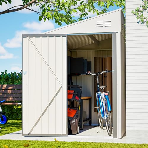 Image of YOPTO 4x7 FT Outdoor Storage Shed Lean to Shed,Metal Shed W /Lockable Door & Air Vent,All Weather Waterproof Garden Tool House W /Reversible Installation,for Backyard,Patio,Lawn,White