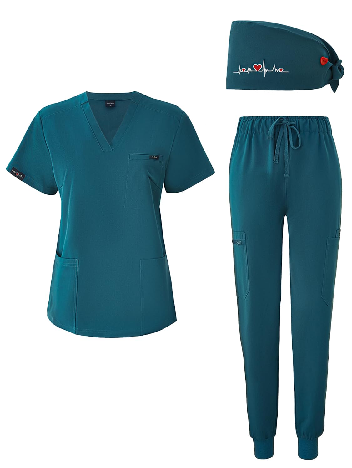 BuyiRen Women's V-Neck Scrubs Set With Cap, Stretchy Top and Jogger Pants, 11 Pockets Nursing Uniform