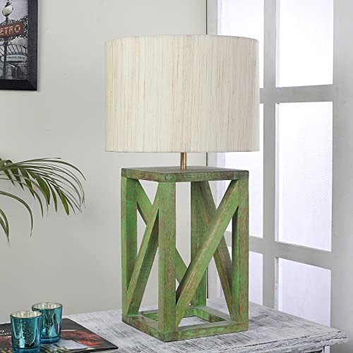 Image of tu casa Mango Wood Table Lamp with Satin Fabric Shade | Decorative Bedside Night Lamp for Bedroom & Living Room | Wooden Study Table & Nightstand Lamp for Home Decor & Gifting