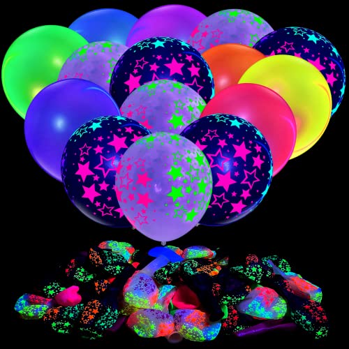Cadeya 90 Pieces Neon Balloons, 12” Uv Star Blacklight Balloons Glow In The Dark Luminous Helium Latex Balloon For Birthday, Wedding, Neon Party, Glow Party Decorations Supplies #TOP7