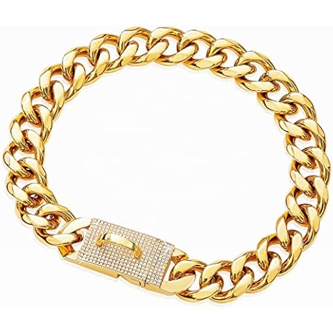 Gold Chain Cuban Link Dog Collar with CZ Lock,19mm Width Stainless Steel Personalized Luxury Necklace Dog Collar for Large Medium Dogs Cover