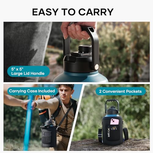 BUZIO 1 Gallon Water Bottle Insulated, (Cold for 48 Hrs) 128oz Large Stainless Steel Water Jug, 3.58in Big Wide Mouth Leak Proof Metal Flask with Carrying Sleeve for Camping,Gym, Hiking, Indigo Crush - Thumbnail 4